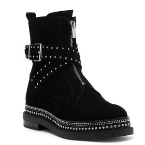 🔥Vince Camuto Blinda Black Suede Moto Chic Chain Rim PLatform Lug Bootie Sz 5M